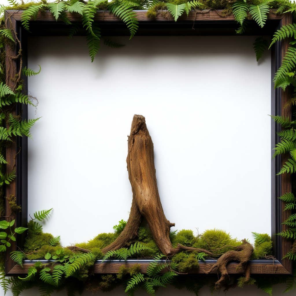 A picture frame is filled with ferns and moss, with a piece of dead wood standing upright in the middle.