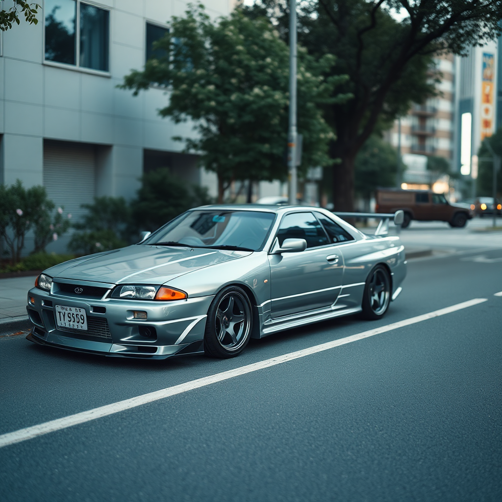 The car is parked on the side of the road, inspired by Taiyō Matsumoto, tumblr, restomod, nd4, c4 metallic shine nissan skyline r34 kalabalik tokyo gece arkaplan