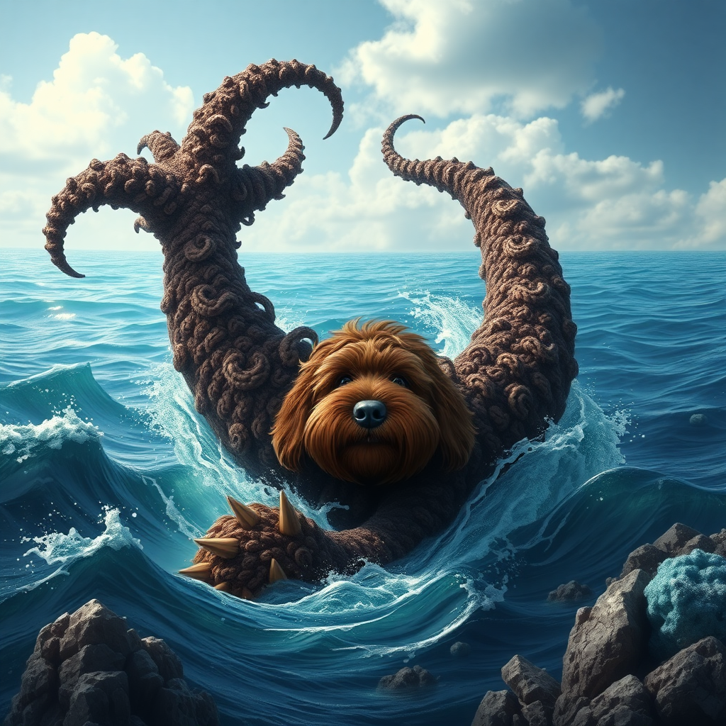 gigantic chocolate colored cockapoo ocean sea monster coming out of the ocean, ultra realistic, ultra detailed