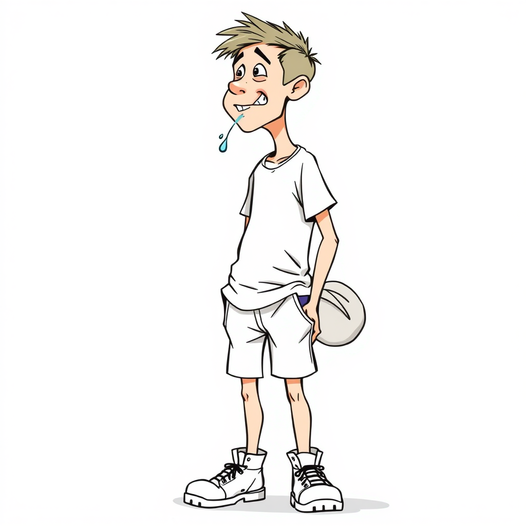 nervous small 15 year old european skinny man, short white t-shirt, standing, stunned, mesmerized, joyful, heavy drooling, underwears, heavy round stuff in his pocket, side view, safety shoes, detailed feet, 2D, caricature, cartoon, Sketch lines, coloring book, coloring book,