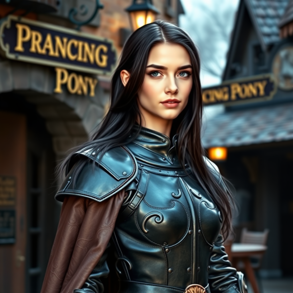 beautiful young woman, dark hair past her shoulders, blue eyes, small, slim figure, wearing full leather armor suit, long cloak, standing next to medieval tavern with sign: "Prancing Pony".