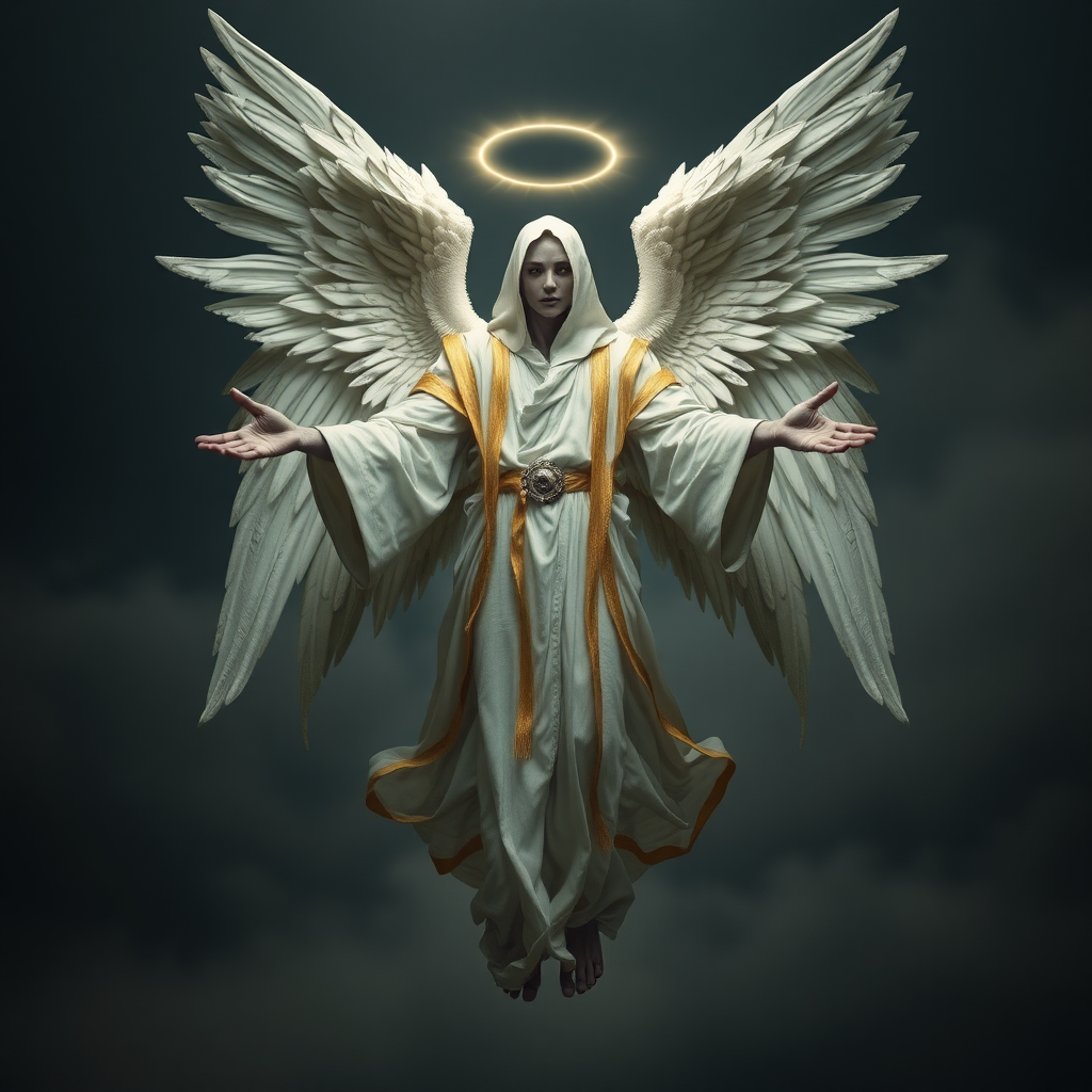 A celestial yet eerie figure hovers in midair, with four majestic angelic wings unfurled. The being is faceless, shrouded in flowing white and gold robes, its skin a muted grey. Its outstretched hands radiate both holiness and an unsettling, unearthly presence.