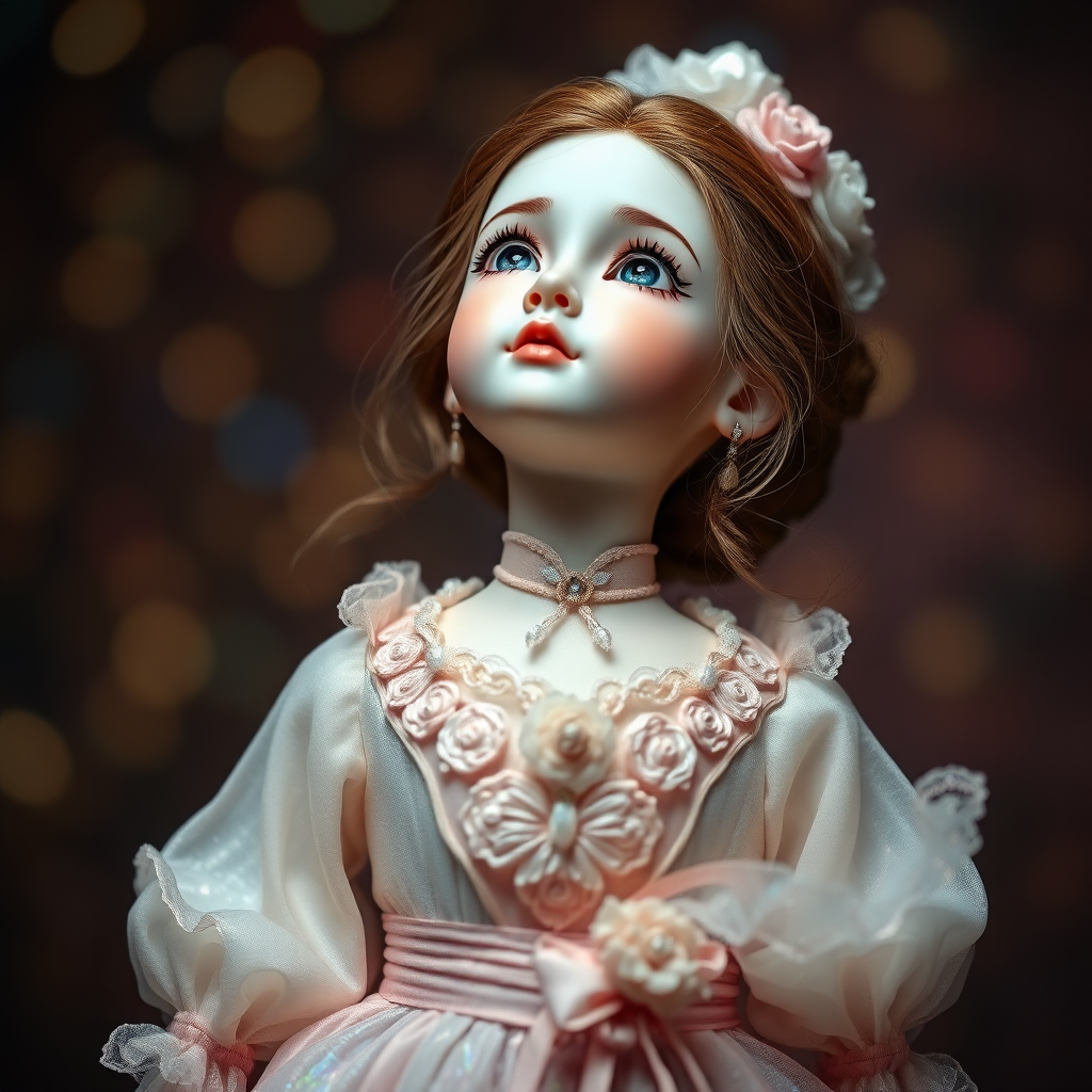 preteen artists doll, full body, bisque porcelain doll, genuine collectors doll, looking up dreaming, Bokeh, abstract, brilliant colors, glittering, translucent, mother of pearl, opal, iridescent, natural skin, glowing, artistic photo, wide angle, cute, interesting, Victorian dress, wuxia movie