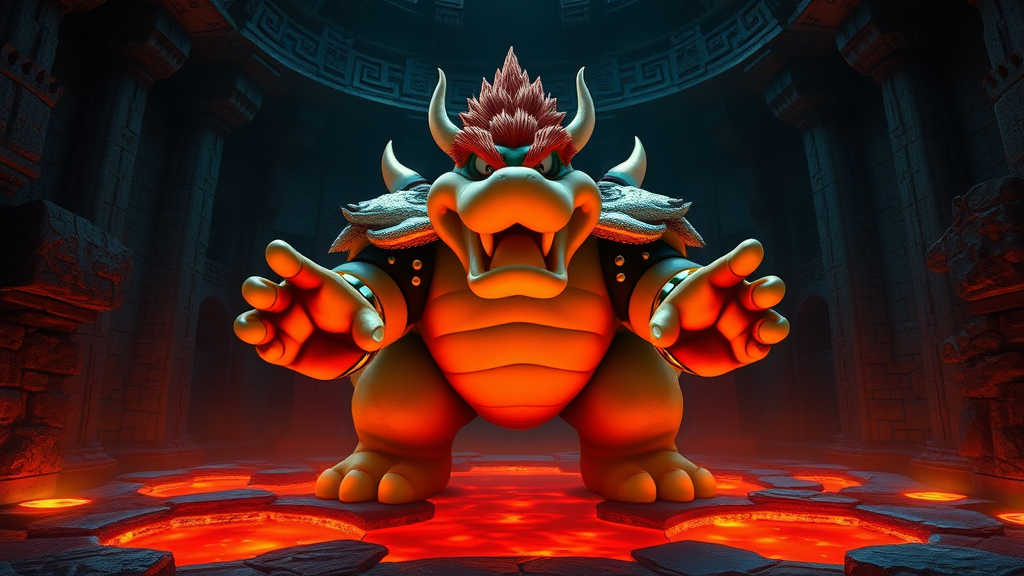 Interior. Dark castle illuminated by pools of glowing lava. Bowser imagined as a 1980s movie monster.