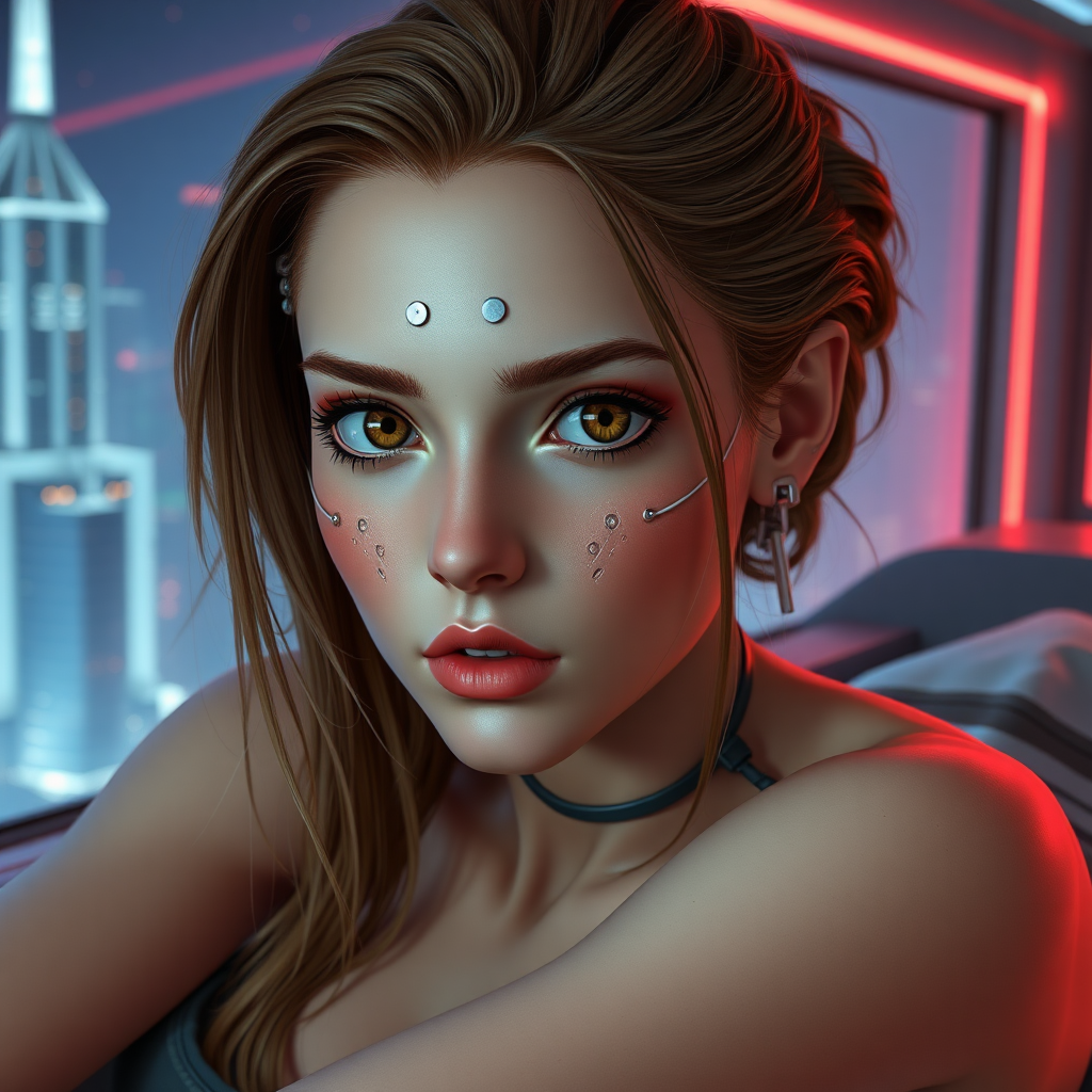 20 year old woman, pale skin, big brown eyes, brown hair blond highlights underneath, cybernetic implants, symmetrical metal lines on face, laying on a bed, window view of a futuristic high rise cityscape, dim neon lighting, 2.5D style