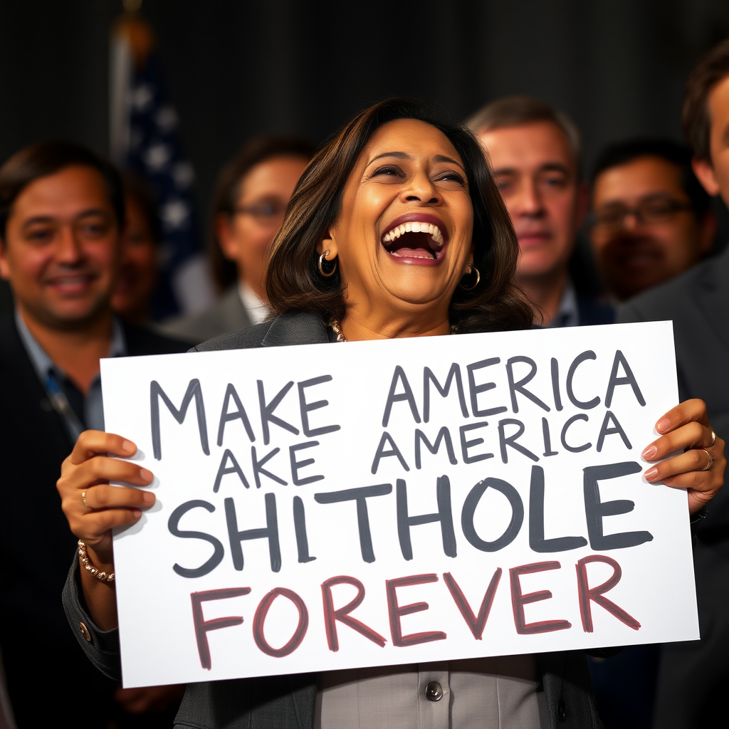 fat ugly old alien female Kamala Harris laughing, holding a sign with text "MAKE AMERICA SHITHOLE FOREVER".