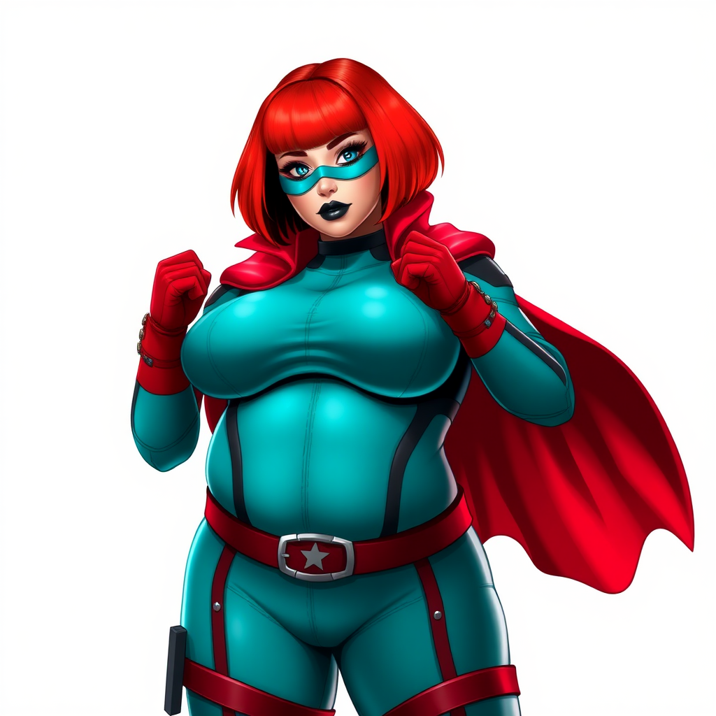 A 26-year-old, heavily-pampered, full-figured, mystical vigilante detective ally of her cyberpunk vigilante older brother figure with a bright red bob cut, black lipstick, and piercing bright blue eyes. She has a new non-athletic build, now highlighted by a prominent, round, gargantuan midsection (with the full emphasis on her gargantuan belly), which shows the aftermath of her pampering. Despite her new physique, she displays her usual confidence. She wears a huge, high-tech, tight-fitting, maximum turquoise biker suit (accentuating and emphasizing her gargantuan belly), complemented by a glowing neon red cape and high-tech red gloves. Her stance is firm and resolute, arms crossed, exuding a no-nonsense attitude. Her costume reflects the influence of DC New 52 Prime Earth’s Phantom Lady, Jennifer Knight, while her pose embodies the moral ambiguity and determination reminiscent of DC’s Pax Americana’s The Question. She is on a solid white background. She is drawn as if she was in a retro 2D cyberpunk fighting game. She is clearly non-athletic, with a focus on her full-figured physique. Her belly is fully bloated to emphasize her non-athletic figure. Make sure that her biker suit covers all of her bare skin (especially her gargantuan midsection).