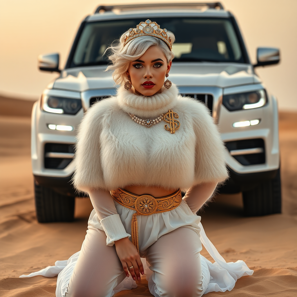 Kuwait desert dunes misty dawn, full size luxury SUV: Melissa, European 17 years old very convincing femboy “trophy-bimbo”, tamed servile docile, very beautiful feminine flawless face, rather short, by hormones very curvaceous womanly figured, platinum blond short tight curls, bold red lips, heavily made-up face, wearing Supertanya-style fluffy very fuzzy bright white angora turtleneck-poncho cropped ending under bust decorated with pearls and gemstones, striking oriental wide gold bridal protection belt, white fully transparent harem pants, full Oriental bridal jewelry with striking headpiece, full Oriental face-jewelry, striking diamond “$$$” letter brooch on left chest, pout frustrated, hands tied behind back, kneeling in sand in front of SUV, looking at camera. Focus on face and turtleneck-poncho.