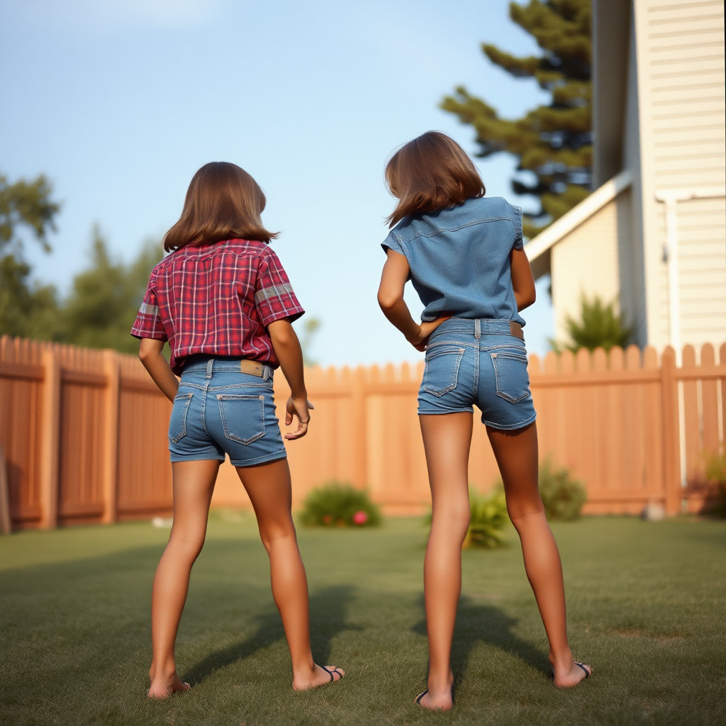 two tall 14yo teen boys, long hair bob cut, wearing shirts and very tight booty shorts or denim tight booty Shortall, long legs, narrow thighs, full-length view. 1970s. Playing at backyard. photorealistic, ultra high resolution, 16K, Negative: grainy, blurry, bad anatomy, extra limbs, watermark.