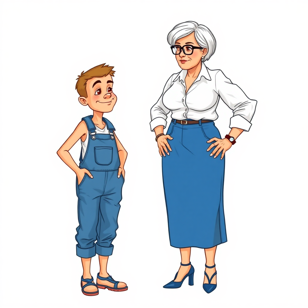 20 year old european skinny boy wearing work overalls is blushing excited while listening to a towering 55 Years old, European, Latina, sharp aquiline nose, wrinkles, high cheekbones, Middle Eastern, Skinny, Tanned skin, Dark light skin, Rounded Medium breasts, Skinny thighs, full Makeup, jewelry, Serious face, Sharp nose, blushing, Ash hair, short bowl haircut, Brown eye color, Glasses, with detailed features. Hands on hips; She is watching the boy, she is wearing a white shirt and a blue skirt, detailed fabric. full body, high heels sandals, long establishing shot, 2D, caricature, cartoon, Sketch lines, coloring book, nlack and white, coloring book style on white background, well composed, clean coloring book page, No dither, no gradient, strong outline, No fill, No solids, vector illustration