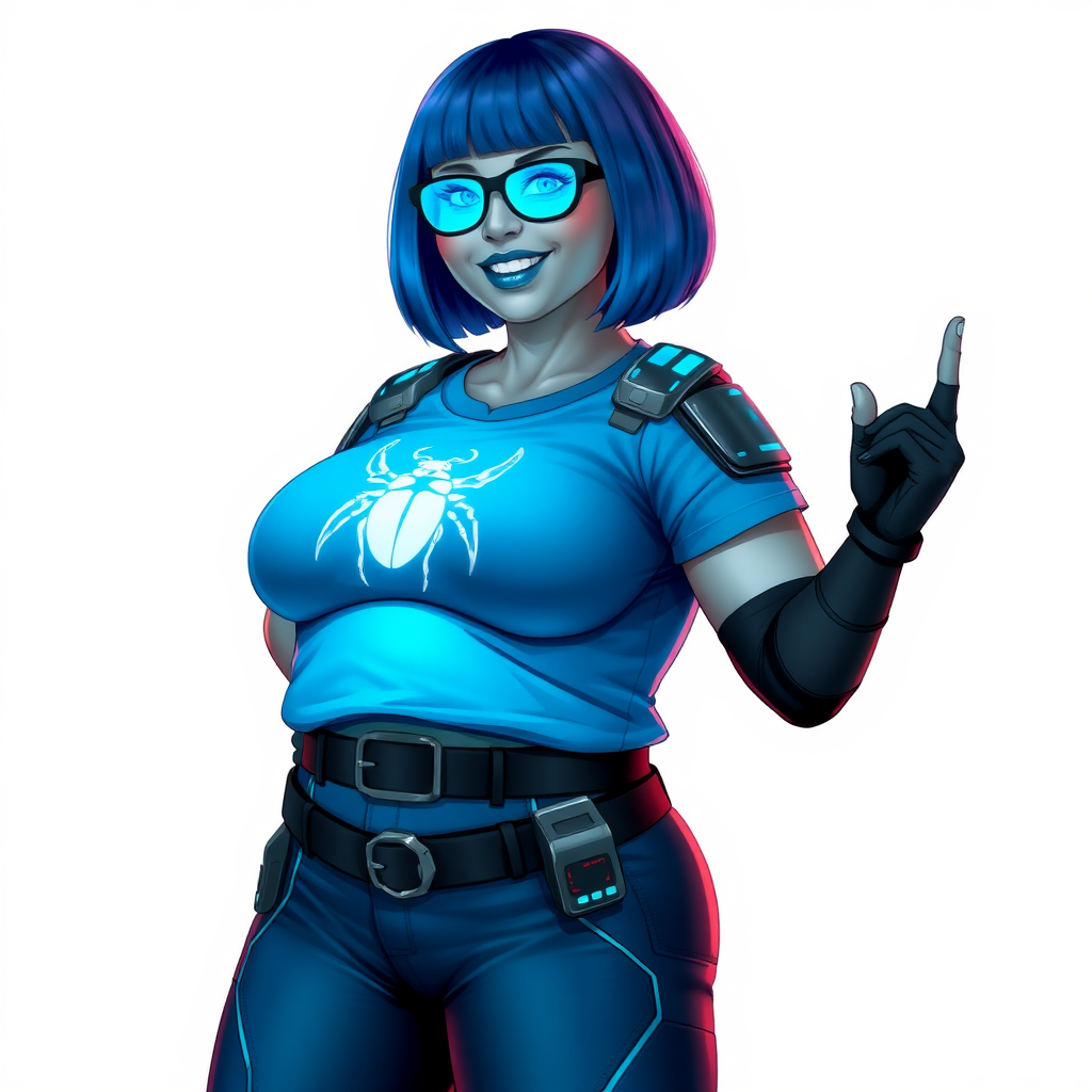 A 28-year-old, full-figured, metallic vibrant light neutral gray (N7) skinned computer program hybrid with a maximum blue bob cut. She has a non-athletic build, highlighted by a prominent, round, large midsection (with full emphasis on her large belly), which shows the effects of her love of junk food acquired from her boyfriend. As the full-figured, nerdy, digital sidekick to her cyberpunk vigilante boyfriend, her metallic vibrant light neutral gray skin and maximum blue lipstick (5PB 5/12) emphasize her digital nature. Her skin has a subtle, animated glow, with digital patterns occasionally flickering across it, making her digital nature obvious. She wears a digital, computerized costume, consisting of a huge, tight-fitting, maximum blue t-shirt (5PB 5/12) with a neon blue glowing chest icon of a beetle, hi-tech shoulder pads with neon blue accents, a black hi-tech belt with a digital neon blue glowing buckle, digital maximum blue biker pants (5PB 5/12) with neon blue accents, and black hi-tech fingerless biker gloves with neon blue glowing accents. Her neon blue glowing eyes, black eyeglasses with neon blue glowing lenses equipped with a built-in HUD, and bashful smile with neon red blush accentuate her nerdiness. She stands bashfully with one hand behind her back and the other hand gently touching her cheek, her costume covering all her skin and fully emphasizing her full-figured physique (especially her large belly). She is clearly non-athletic, with a full focus on her full-figured physique. Despite her build, she radiates beauty. She has a slim face compared to her physique, accentuating her radiant beauty. She is on a solid white background. She is drawn as if she were in a retro 2D cyberpunk fighting game.