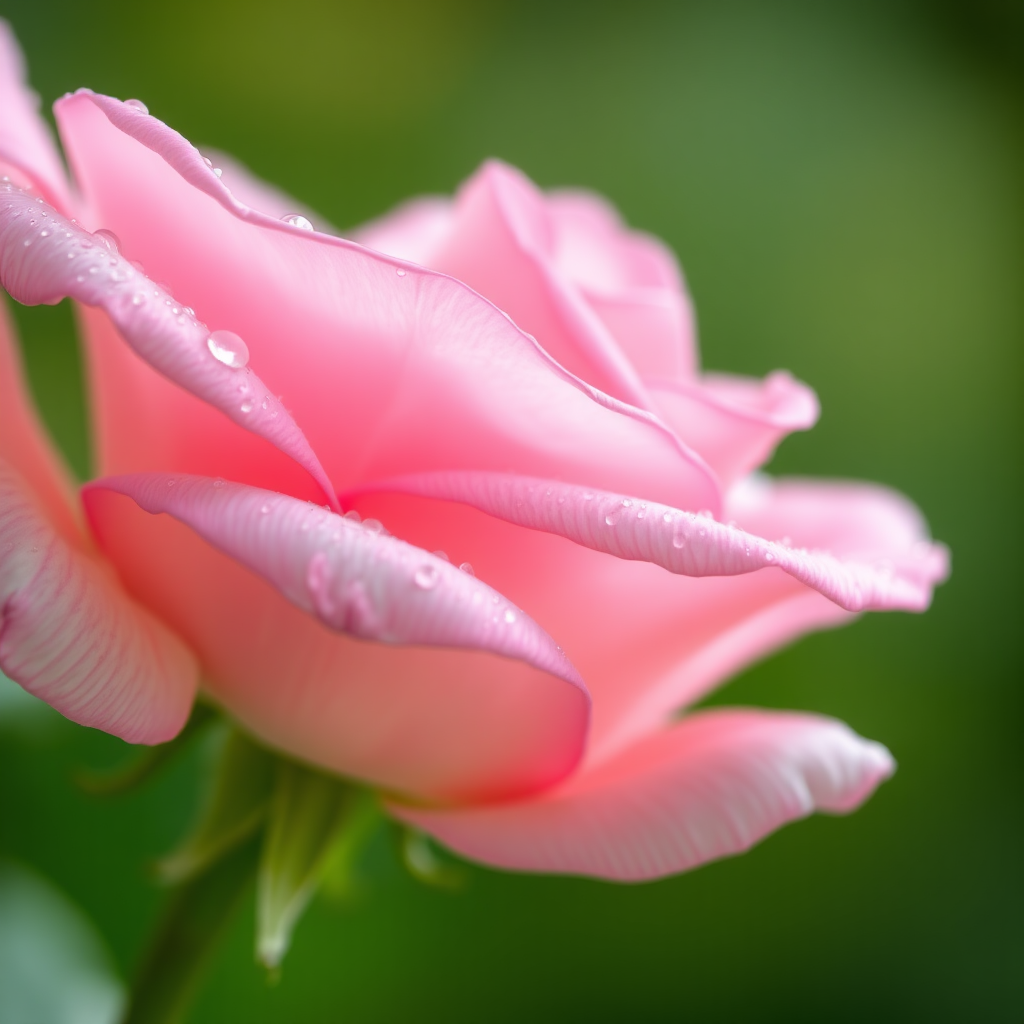 close-up of a delicate pink rose with glistening dewdrops on its petals, soft focus, impressionistic style, highlighting the intricate textures and layers of the petals, subtle variations of pink shades ranging from pastel to deeper pink, a soft, blurred green background creating a serene and dreamy atmosphere, light reflecting off the water droplets for a fresh, vibrant feel, emphasizing the natural beauty and elegance of the flower.