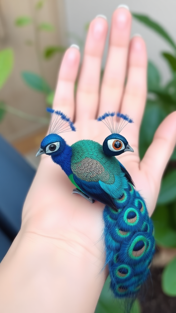 A small tiny cute big eyes big tail blue peacock on hand