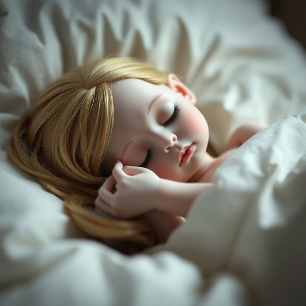 ooak art doll sleeping in bed, artistic photograph, artist doll, realistic doll, life-like porcelain doll, handmade, one of a kind, focus stacking, abstract, minimalist art, in focus, preteen girl