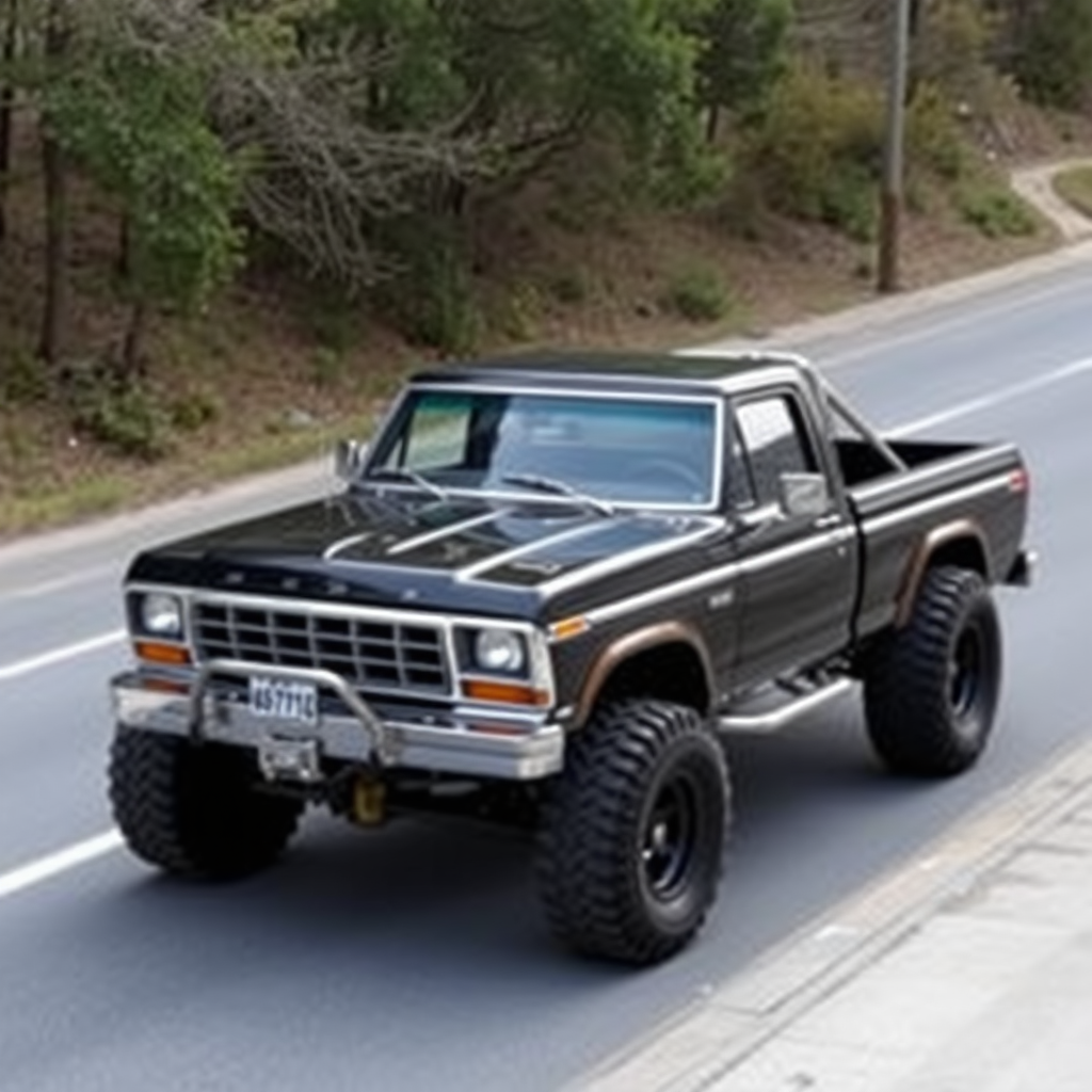 the car is parked on the side of the road, inspired by Taiyō Matsumoto, tumblr, restomod, nd4, c4 ford 4x4 pick-up monster truck