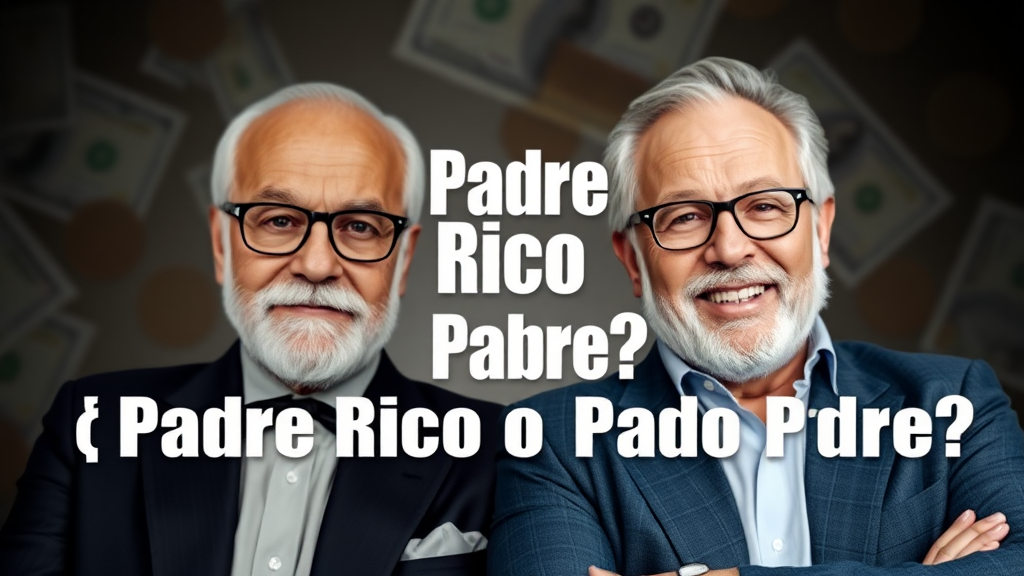 Design a YouTube thumbnail for a video about the book 'Rich Dad, Poor Dad', focusing on financial lessons. The thumbnail should show two contrasting images of father figures—one representing traditional views on money (serious, formal), and the other symbolizing wealth-building strategies (relaxed, confident). Use a split-screen style to emphasize the contrast. Include bold, minimal text that says: '¿Padre Rico o Padre Pobre?' in large, clear font. The background should include elements related to finance like cash, coins, or graphs, without overwhelming the viewer. The tone should be motivational, engaging, and educational.