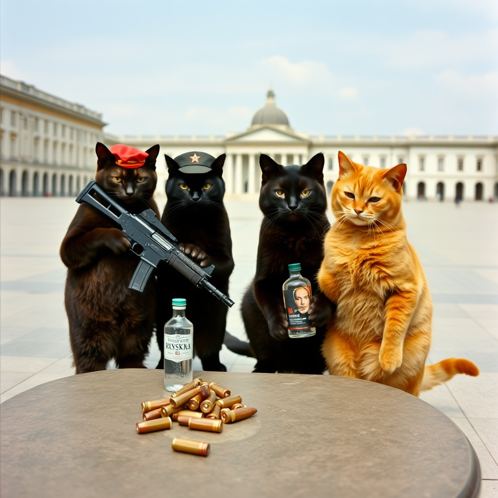 4 cat-men in a large square, a black one holding an AK-47, an orange one wearing a Russian military cap, a dark brown and a light brown, communist from the USSR with vodka, around a table with bullet casings on it (film photography style)