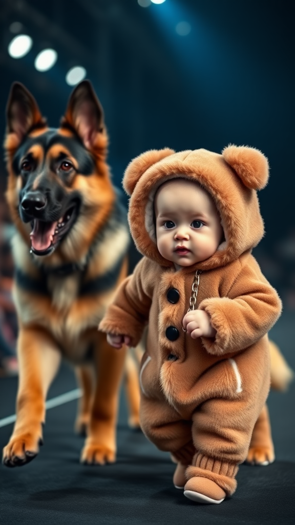 A cute small chubby fair baby with big eyes, pink lips, and pink cheeks, wearing a furry cozy dog costume, doing a ramp walk in a fashion show, walking alongside a real German Shepherd dog, with the baby holding the dog's collar chain in a cinematic style.