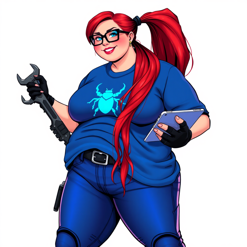 A 28-year-old, full-figured computer hacker and tech wiz, she is the girlfriend of a cyberpunk vigilante. Her long ruby red ponytail, and striking, bright blue eyes make her stand out. Her wrecking ball-sized midsection, sequoia-sized limbs, and broad shoulders define her full figure, which has been heavily pampered by her doting boyfriend. Her nerdiness is blatantly obvious, and she serves as her boyfriend’s tech expert.

As the loyal and supportive sidekick, she plays a crucial role in their missions, using her digital and technological prowess to assist and protect. She wears an oversized maximum blue t-shirt adorned with a maximum turquoise beetle chest icon, black oversized eyeglasses, matching maximum blue biker pants, and black high-tech gloves. She beams with a neon red blush, holding a futuristic wrench and a digital holographic tablet. She is on a solid white background. She is drawn as if she was in a retro 2D cyberpunk fighting game. Her midsection is bloated to emphasize her figure.