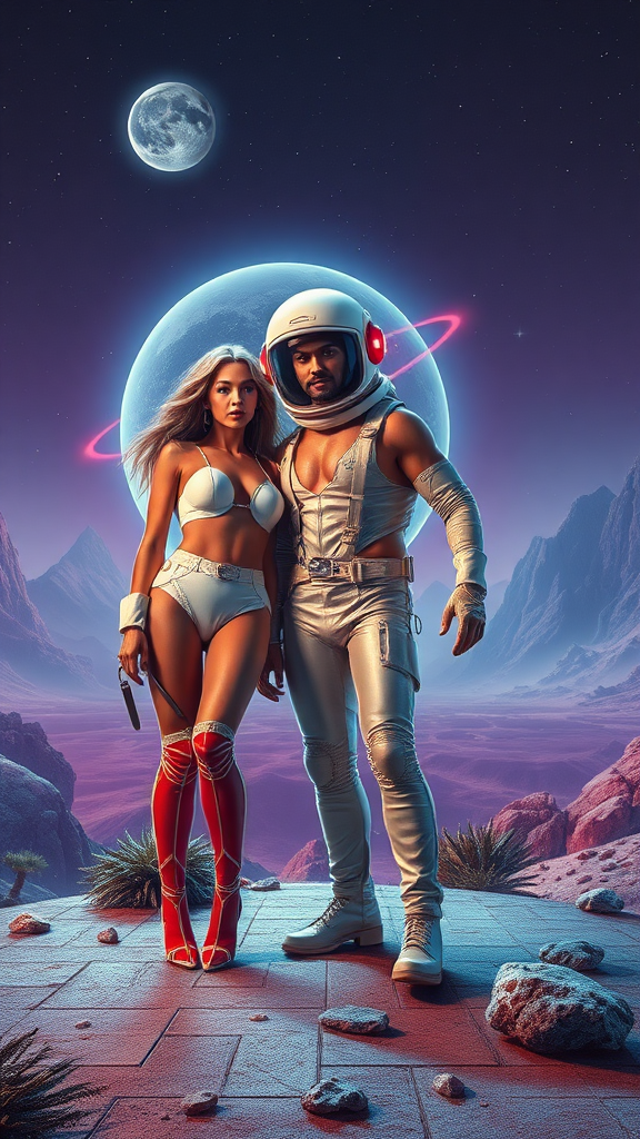 Draw me a photorealistic 70s style space babe and space hunk posing on a retro 70's alien planet. The planet has alien vegetation, mountains and lazer rave style. The landscape is laced with glowing lazer lights as if the planet was digital. The space babe and space hunk are wearing sexy space suits. The aspect ratio is widescreen.