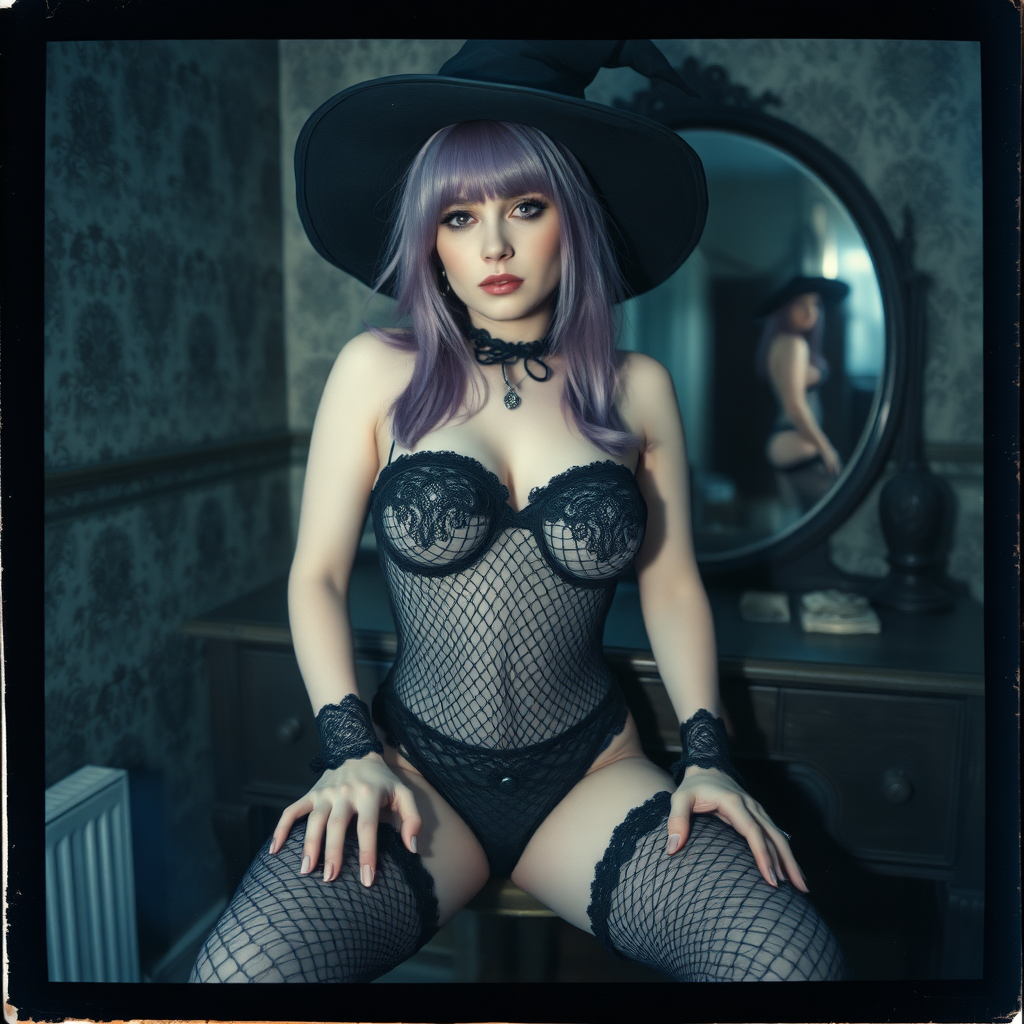 can of an old polaroid photo with heavy dark vignetting and a blue color tint to the photograph and visible light leaks. The photo depicts a sexy alt goth girl with pale skin and purple hair. She has large breasts with ample cleavage and is wearing a black fishnet bodysuit. She is wearing a witch hat. The image looks hazy and grungy. She is in an old house with wallpaper on the walls. Dark lighting with camera flash used. Candid. she is wearing a black lace micro thong. She is sitting on a builtin vanity with a mirror with her knees spread apart.