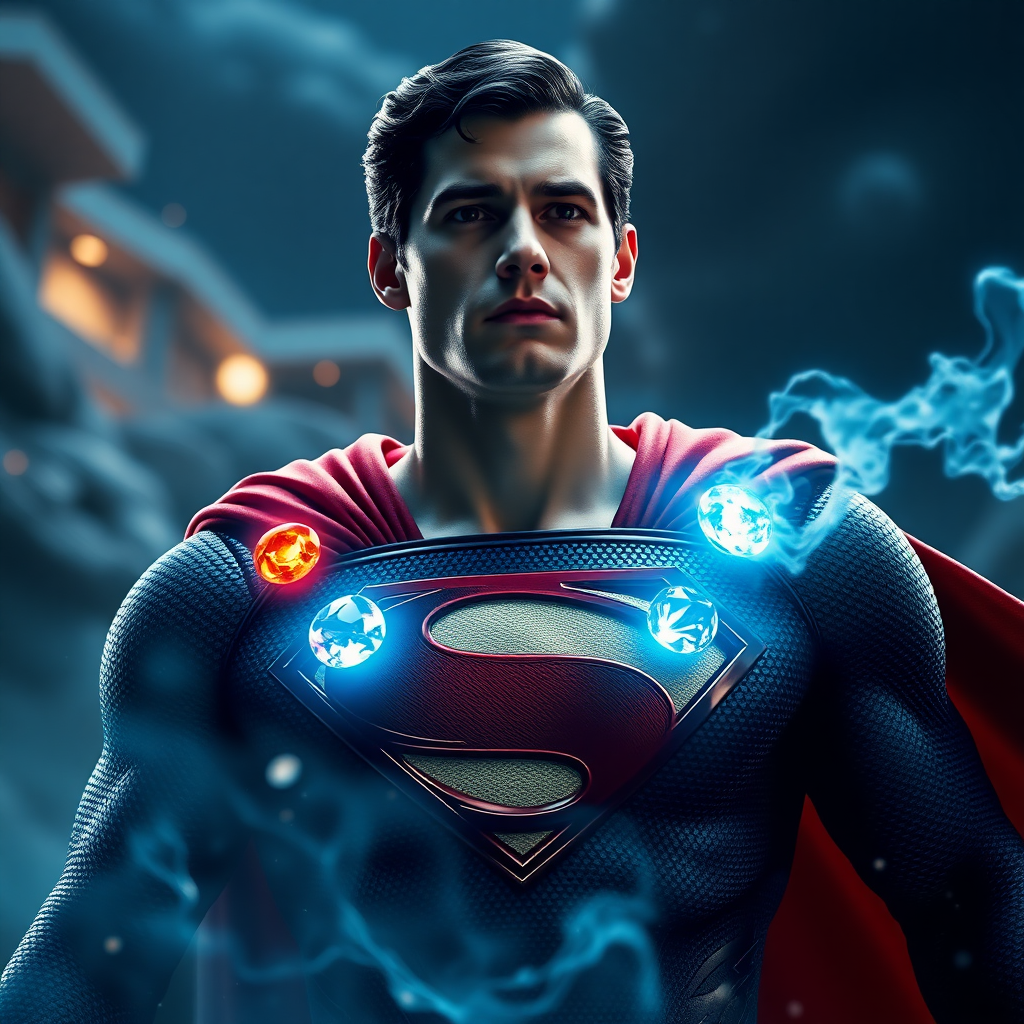 What if Superman had the 5 infinity stones. Cinematic Real3d photo-realistic quality.