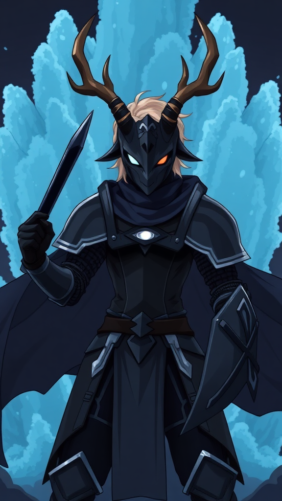 (Anime-pixel art) background of a massive blue-black-dark fountain erupting into the air, a fierce and violent knight stands poised for battle. She wears sleek, black knight armor, marked by a small perfect white eye symbol at its center, exuding an air of intimidation. Her face is obscured by a terrifying goat-like mask, with a single glowing white eye on the right, and another white eye symbol perched at the top of the mask, adding to her menacing presence. The knight's imposing silhouette is accentuated by two large, dark-silver shoulder guards that gleam ominously in the darkness. Draped behind her is a flowing dark-blue cape that billows dramatically, hinting at her formidable power. Atop her head, two impressive deer antlers rise, further enhancing her fearsome appearance, while her short, tousled blonde hair peeks out from beneath the mask. In the left hand of her palms, she wields a black-dark knife with a white aura around its edges.

This is the Roaring Knight, known as Mayor Holiday from Deltarune, captured in a striking full-body view that highlights both her ferocity and enigmatic allure.