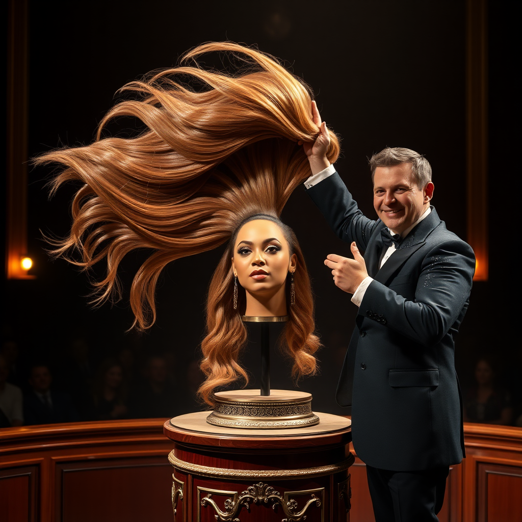 In a dimly lit theater, the atmosphere crackles with anticipation, the audience's murmurs a blend of curiosity and skepticism. On a grand, elegantly adorned display stand sits the disembodied head of the enchanting Beyoncé, her radiant skin glistening under the soft, warm glow of the spotlight. Her striking features are perfectly framed by cascading locks of lustrous, very long hair that shimmer with hues of light brown and hints of rich mahogany, reminiscent of polished silk.

Standing beside her is the magician, a charismatic figure in a sharp, tailored suit that glints with sequins in the light. With theatrical flair, he holds her voluminous hair aloft, fingers splayed wide, deftly spreading it out like a shimmering waterfall, mesmerising the audience. The hair flows like liquid night, each strand capturing the light as it falls gracefully to the ground, creating a stunning, almost surreal contrast against the stark wooden stage.

The magician’s face is lit with a confident smile, his eyes sparkling with the thrill of the performance, as he engages the audience with playful banter. Their gasps and laughter echo throughout the room, a symphony of wonder and disbelief. The scent of polished wood and fresh popcorn wafts through the air, mingling with the underlying electricity of the moment. Time seems to stand still as the audience leans in, captivated by the spectacle, a seamless blend of illusion and artistry that promises to defy reason and ignite imagination.