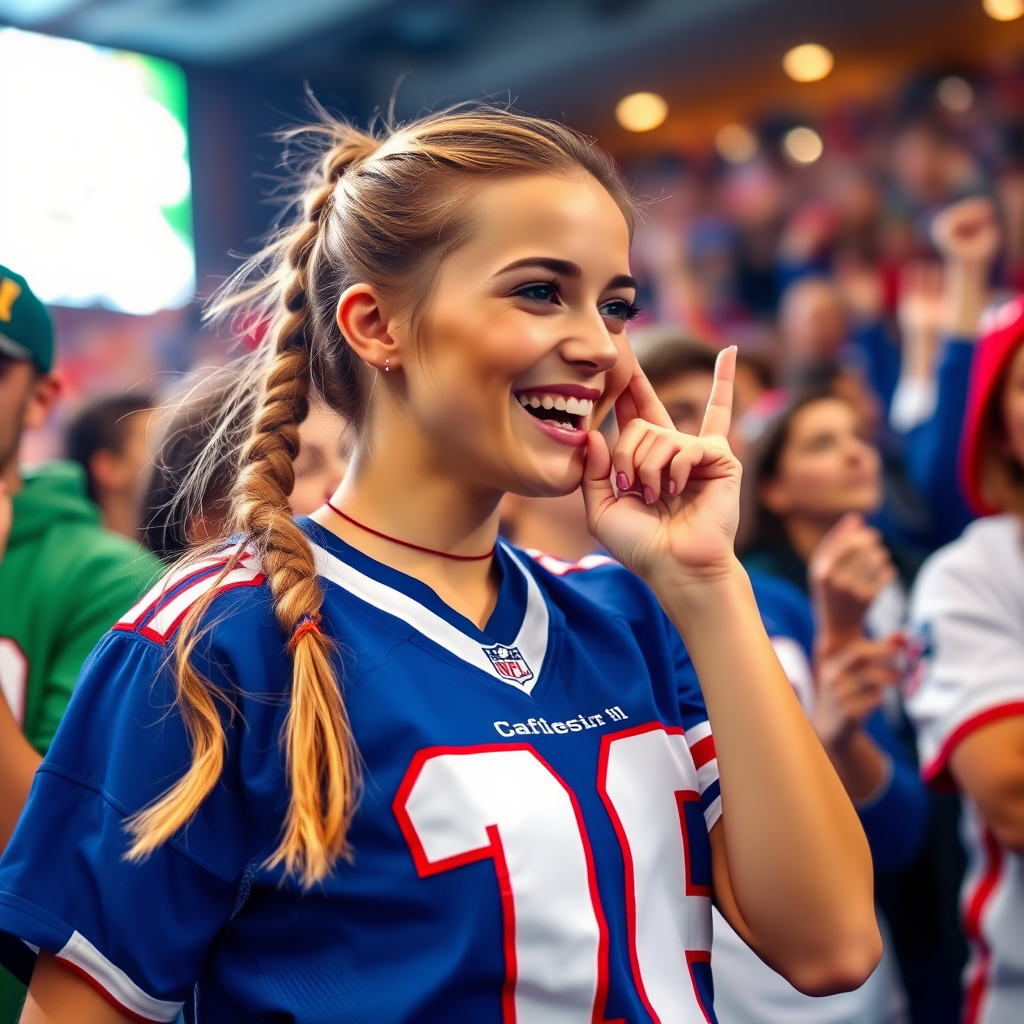 Hot female NFL fan, pigtail hair, jersey, cheering, inside the crowd