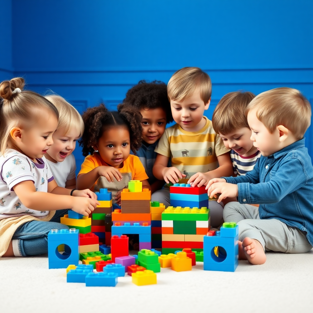 A group of 7 children playing toy building blocks all from different continents and have different body types age 10 and room in which they are playing should have blue color walls