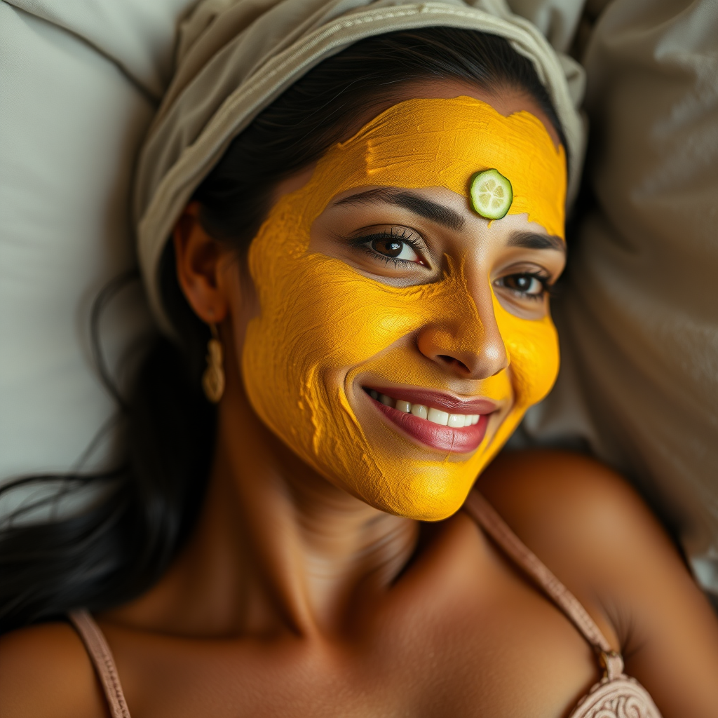 A skinny, traditional, 30-year-old Indian wife with hair covering, wearing a bra, lying on a bed. Her face is covered with turmeric face mask, and her eyes are covered with cucumber slices. She looks satisfied from her facial expression.