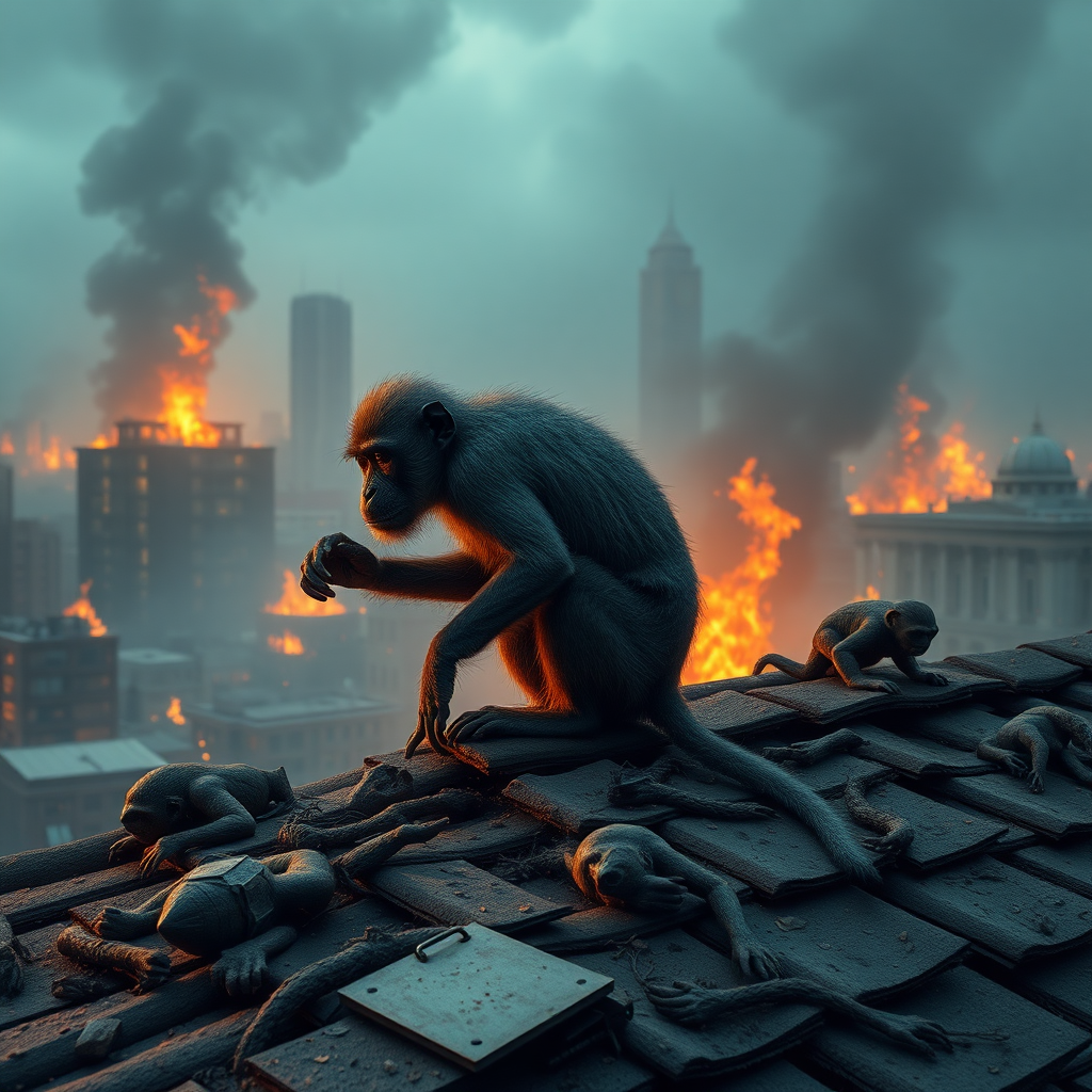 GENERATE MONKEY DOOMSDAY, CITIES ON FIRE, HUMAN DEAD CORPSES ABLAZE, Big to small MONKEYS EVERYWHERE!! THEY ARE CRAWLING ON ROOFS, POOPING, DESTROYING, EATING, THROWING DYNAMITES