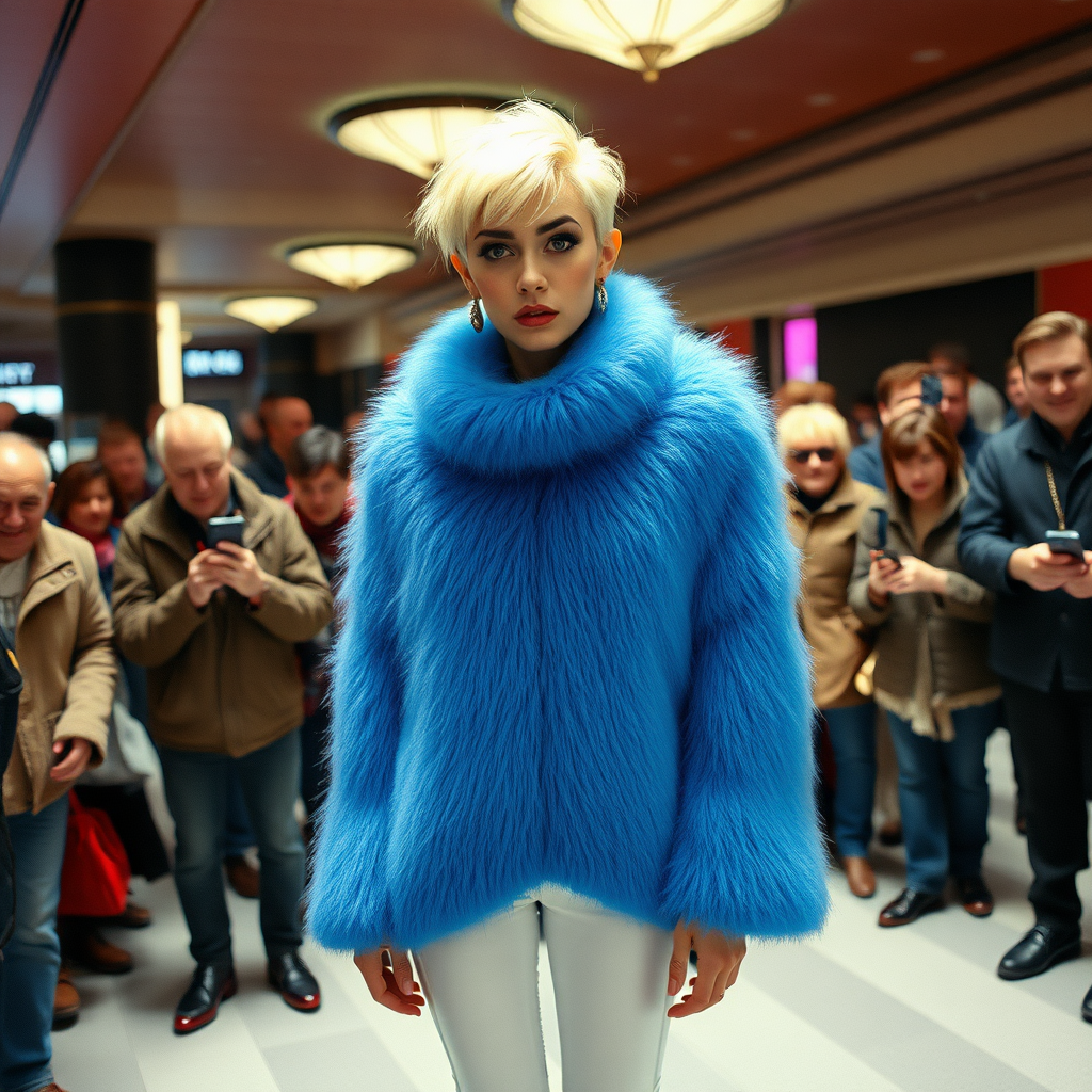 1990 winter afternoon daylight, crowded cinema lobby: Sam, 19 years old beautiful involuntary femboy, rebellious intractable character, short petite boyish figure, platinum blond boyish rebel punk hairstyle, flawless heavily made-up face with sharp arched tattooed eyebrows, wearing Supertanya-style fluffy very fuzzy bright blue angora thigh-length turtleneck-poncho fully covering body and arms, white shiny leggings, red leather high-heeled pumps, silver earrings, puzzled alarmed, pout serious, impatiently waiting for her master. Surrounded by much taller male visitors watching laughing taking pictures. Full view of scene.