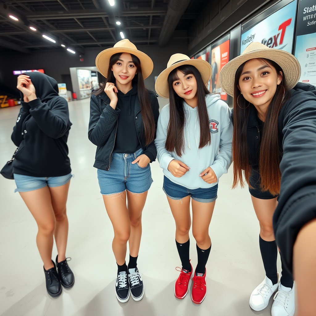 four asian girls with gorgeous face, wearing shoes, white skin, tall, straight hair, selfie, sport, big eye ,hat, short, elegant, model