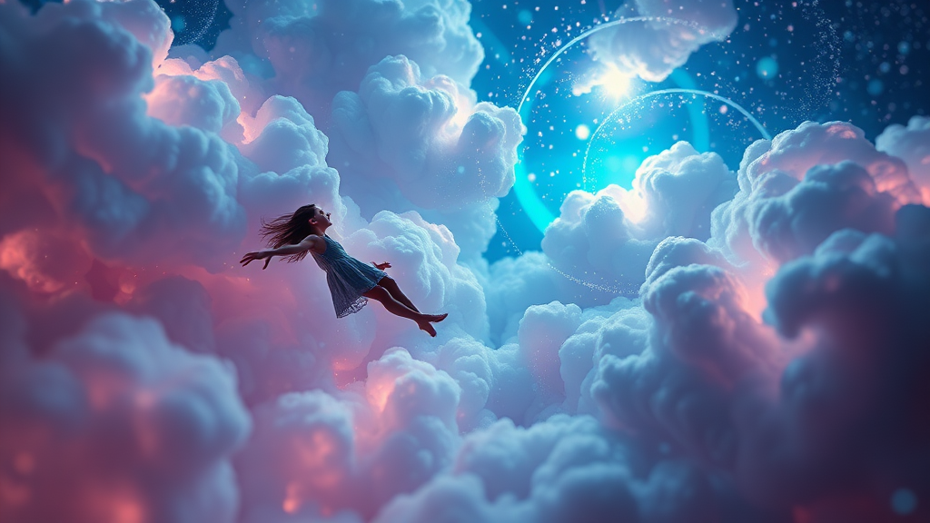 mandelbulb clouds, microscopy, Low Key Lighting, dreamscape, nebula, Bokeh, abstract, brilliant colors, glittering, translucent, iridescent, glowing, artistic photo, panoramic, airy, original, experimental, fractal, generative art, calm, preteen girl floating, cinematic shot