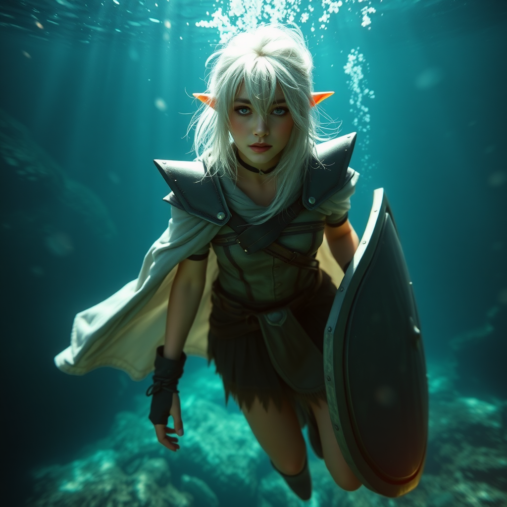 A twenty-something elf girl like (Ana de Armas). Messy shoulder-length white hair. Wide triangular shoulder pads, flowing cloak, leather armor, shield, skirt, high heel ankle boots. She is underwater. WLOP style. Photorealistic digital matte painting, highly detailed, film grain, lens flare, chromatic aberration.