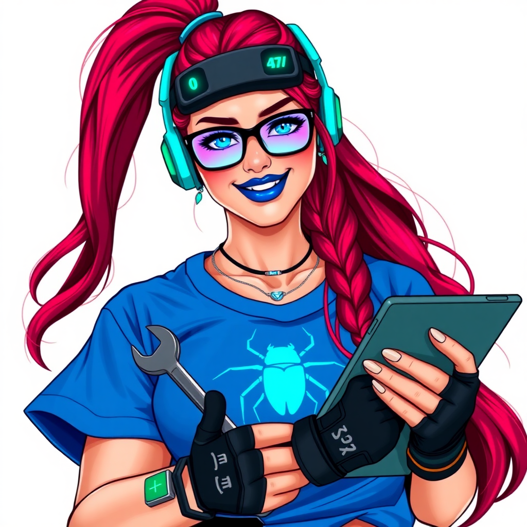 An intelligent and tech-savvy 29-year-old computer hacker and tech genius. She has a long ruby red ponytail. She wears maximum blue lipstick, blue eyes, a sapphire beetle gemstone necklace, sapphire earrings, black eyeglasses, hi-tech power gloves, and an oversized maximum blue t-shirt featuring a neon blue glowing beetle chest icon. She has a gargantuan full-figured physique with a prominent round gargantuan midsection, reflecting her well-cared-for lifestyle. She sports a sapphire headset with a hi-tech maximum turquoise lensed HUD, and a beaming smile accentuated by a passionate neon red blush. She serves as his tech expert from his hideout, holding a futuristic tool wrench and a futuristic digital tablet. The background is solid white. She is drawn as if she was in a retro 2D cyberpunk fighting game.