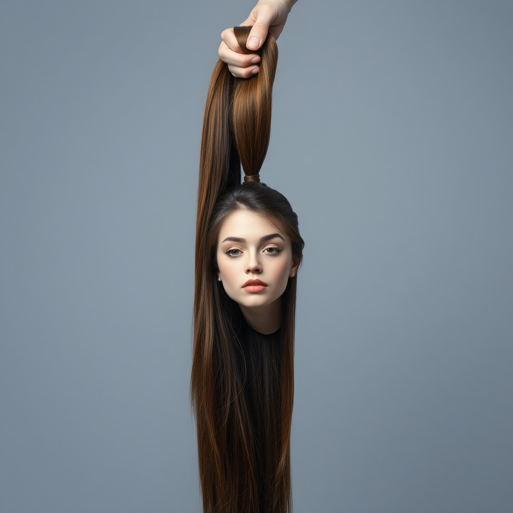 Surreal image of a very long haired woman's beautiful disembodied head hanging by her very long hair. Her very long hair is gathered at the top of her head into a long ponytail that stretches upward into a grasped hand. Plain gray background.