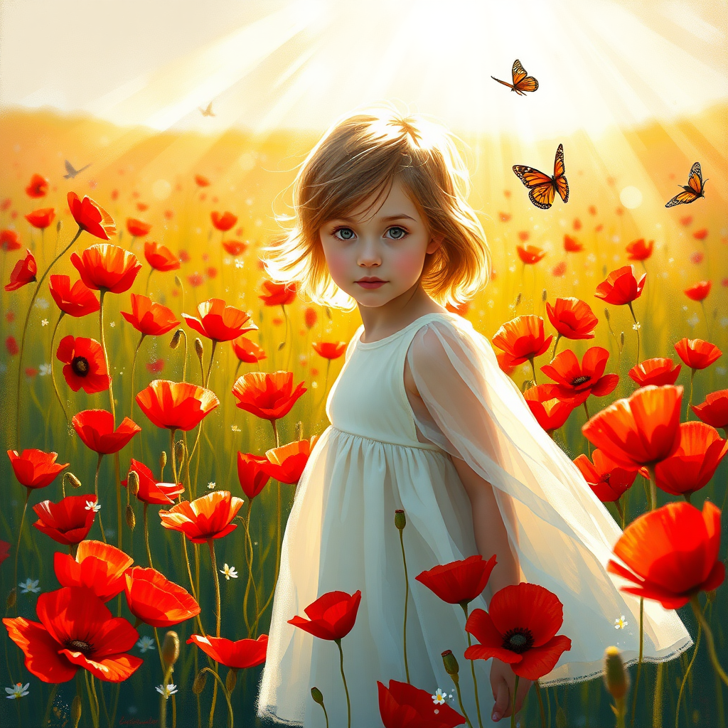 In a sun-drenched meadow, a young girl stands enchantingly poised among a vibrant sea of blooming poppies, their brilliant scarlet petals swaying gently in the warm breeze. She is clothed in a flowing white dress that billows delicately around her, the fabric catching the sunlight and gleaming with a soft, ethereal glow. The aroma of the poppies fills the air—a sweet, intoxicating scent that mingles with the fresh earthiness of the field.

Radiant beams of golden sunlight cascade down, illuminating the scene with a warm, inviting light that dances across the girl's delicate features. Her cherubic face is partially hidden by the lush poppies, yet her eyes—wide and shimmering with a mixture of wonder and pure joy—peer out, reflecting the brilliance of the surrounding blooms. The vibrant reds, contrasted against her white dress, create a stunning tapestry of color that draws the eye.

Around her, the melody of cheerful birdsong mingles harmoniously with the gentle rustle of the poppy petals, orchestrating a serene symphony that fills the tranquil atmosphere. The landscape sparkles with life, as fluttering butterflies meander between the flowers, their wings painted with the hues of a sunset.

Executed in the expressive style of Claude Monet, the painting features thick, dynamic brush strokes that capture the ever-changing play of light. Each stroke brings to life the textures of the flowers and grasses, emphasizing the fluidity of the moment. The overall scene is imbued with a sense of beauty and tranquility, inviting the viewer to immerse themselves in the joyful serenity of this idyllic moment in nature.