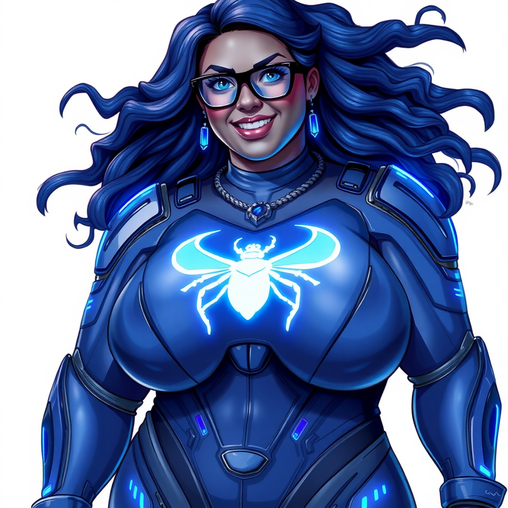 A 28-year-old full-figured computer science major, she is the devoted girlfriend of a vigilante and serves as his dotingly pampered, full-figured, nerdy Middle Gray (N5) metallic skinned digital sidekick. She has become a Computer Program hybrid, with a unique, metallic Middle Gray (N5) skin color that blends with her hair, appearing to merge together as computer data. Her neon blue eyes are mesmerizing. Her full figure, especially her prominent, round midsection, shows just how heavily fed and pampered she is, with sequoia-sized limbs and broad shoulders.

As a loyal and supportive sidekick, she plays a crucial role in their missions, using her digital prowess to assist and protect. She wears a blue sapphire scarab necklace and blue sapphire earrings, which she received as symbols of their love before his 5-year disappearance. Her oversized digital Maximum Blue (RGB 71, 171, 204) bodysuit features a neon blue glowing beetle chest icon. She is equipped with high-tech features, including holographic displays and integrated hacking tools. She has matching high-tech gloves.

Heavily, attentively, and immensely pampered through being well-fed since their reunion, her full figure clearly shows the extent of care she has received. Despite her digital enhancements, she retains her human vulnerabilities, including hunger and sleep, and is not immune to human weaknesses. She has the ability to hack into computers and machines, and her nerdiness is blatantly obvious with her black oversized eyeglasses. Her full figure, especially her prominent round midsection, is prominently displayed and heavily emphasized. Her outfit, influenced by DC’s Jennifer Knight Phantom Lady, remains distinct.

Despite her boyfriend’s limited resources, she assists in the war on crime by serving as a minicomputer, traveling in a high-tech wristwatch and supercar’s computer system. Using her hacking abilities, she relays crucial knowledge related to missions. She has a beaming smile on a solid white background. She is drawn as if she was in a retro 2D cyberpunk fighting game.