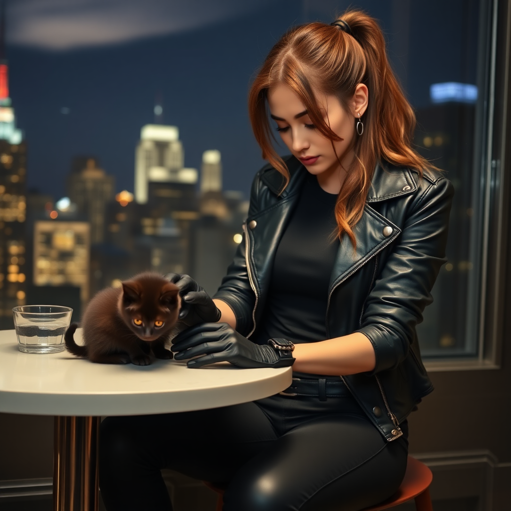 A beautiful tough thief girl in black leather jacket over black t-shirt with black tight jeans and gloves stroking a black kitten sitting a table in a Manhattan penthouse at night.