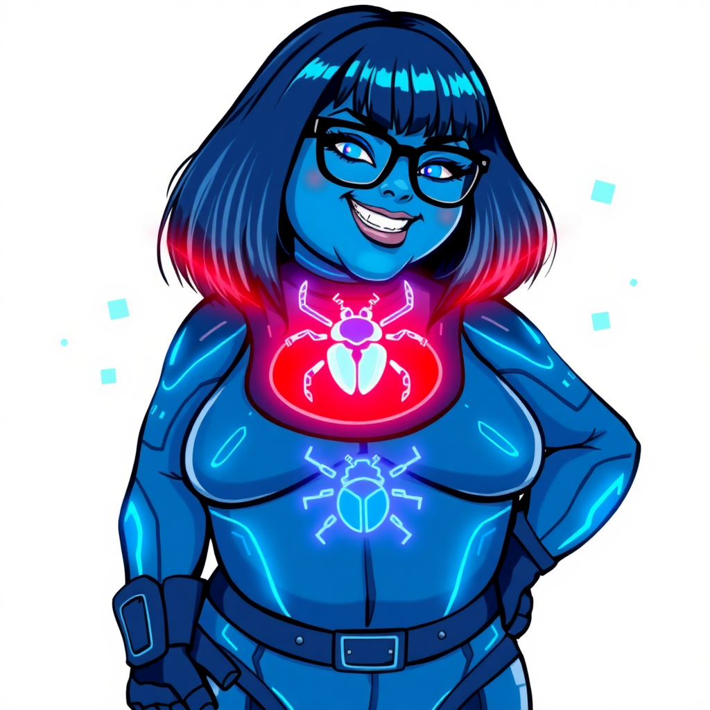 A 28-year-old full-figured computer science major, now transformed into a full-figured, nerdy digital sidekick for her cyberpunk vigilante boyfriend, with maximum blue skin. She is clearly non-athletic, with her full figure. Her bob cut seamlessly blends with her skin, appearing to merge together as computer data, and her neon blue eyes glow intensely. Her full figure is defined by a prominently round, gargantuan midsection, sequoia-sized limbs, and broad shoulders. As a loyal and supportive sidekick, she plays a crucial role in their missions, using her digital skills to assist and protect.

She wears a digital, computerized maximum blue bodysuit which blends with her hair and skin (appearing to merge together like computer data), all are colored maximum blue. The bodysuit has a neon blue chest icon of a beetle, along with matching high-tech gloves. She bashfully giggles with a neon red blush, emitting neon blue data cubes from her body, set against a solid white background. Heavily pampered by her doting boyfriend, her full figure (especially her prominent, round, gargantuan midsection) clearly shows this care. She has the ability to hack into computers and machines, and her nerdiness is blatantly obvious with her black oversized eyeglasses. Her full figure (especially her prominently round gargantuan midsection) is prominently displayed and heavily emphasized. Her outfit is influenced by DC’s Jennifer Knight Phantom Lady but remains distinct. She is drawn as if she was in a retro 2D cyberpunk fighting game. Ensure she is distinct from Inside Out's Sadness, The Power of Surge's Debra and any other character. Ensure her midsection is round. Her proportions are bloated to emphasize her non-athletic, full figure. She is clearly non-athletic, with heavy emphasis on her full figure and prominent, round, gargantuan belly.