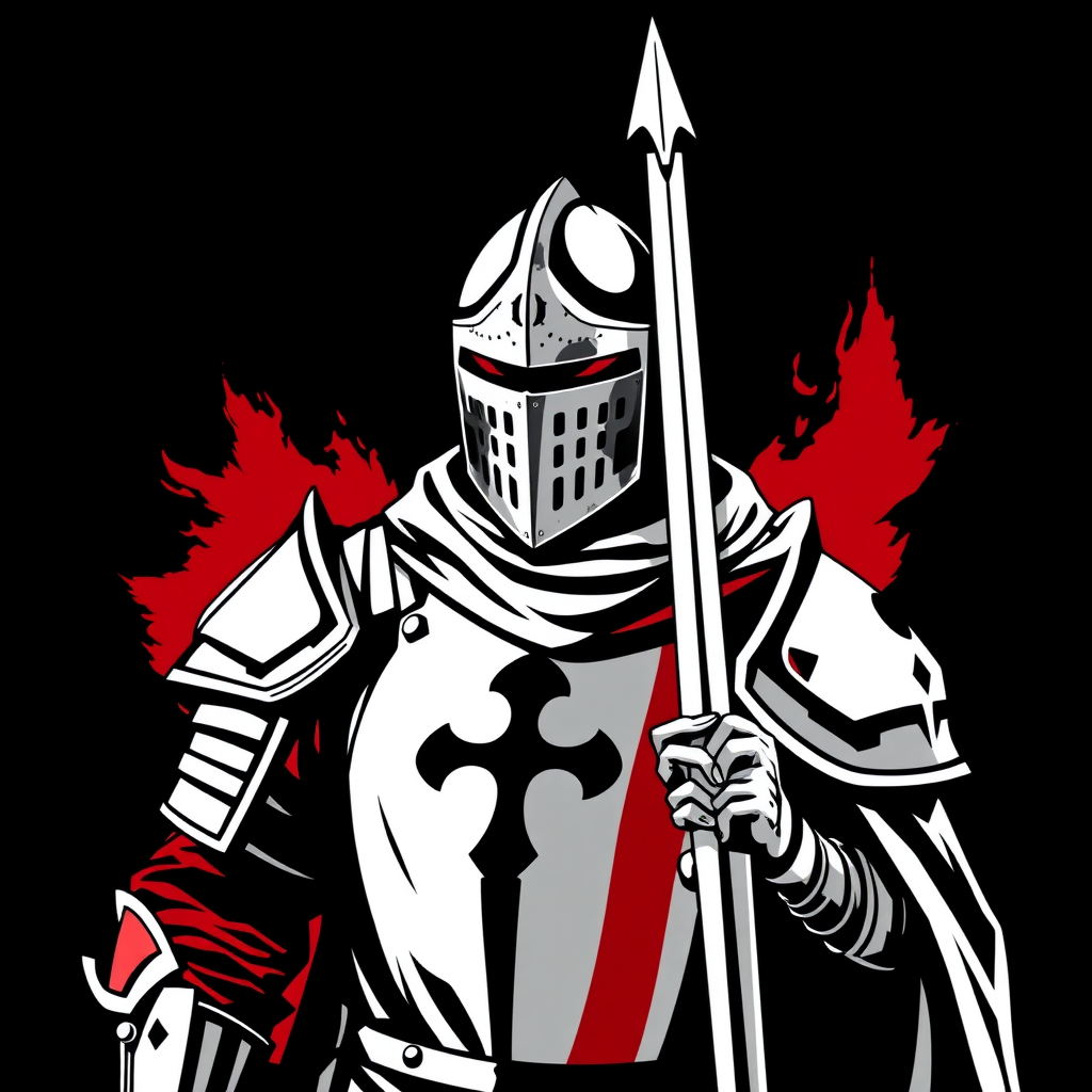 A knight in black, white, and red colors, the background in black, white, and red colors.