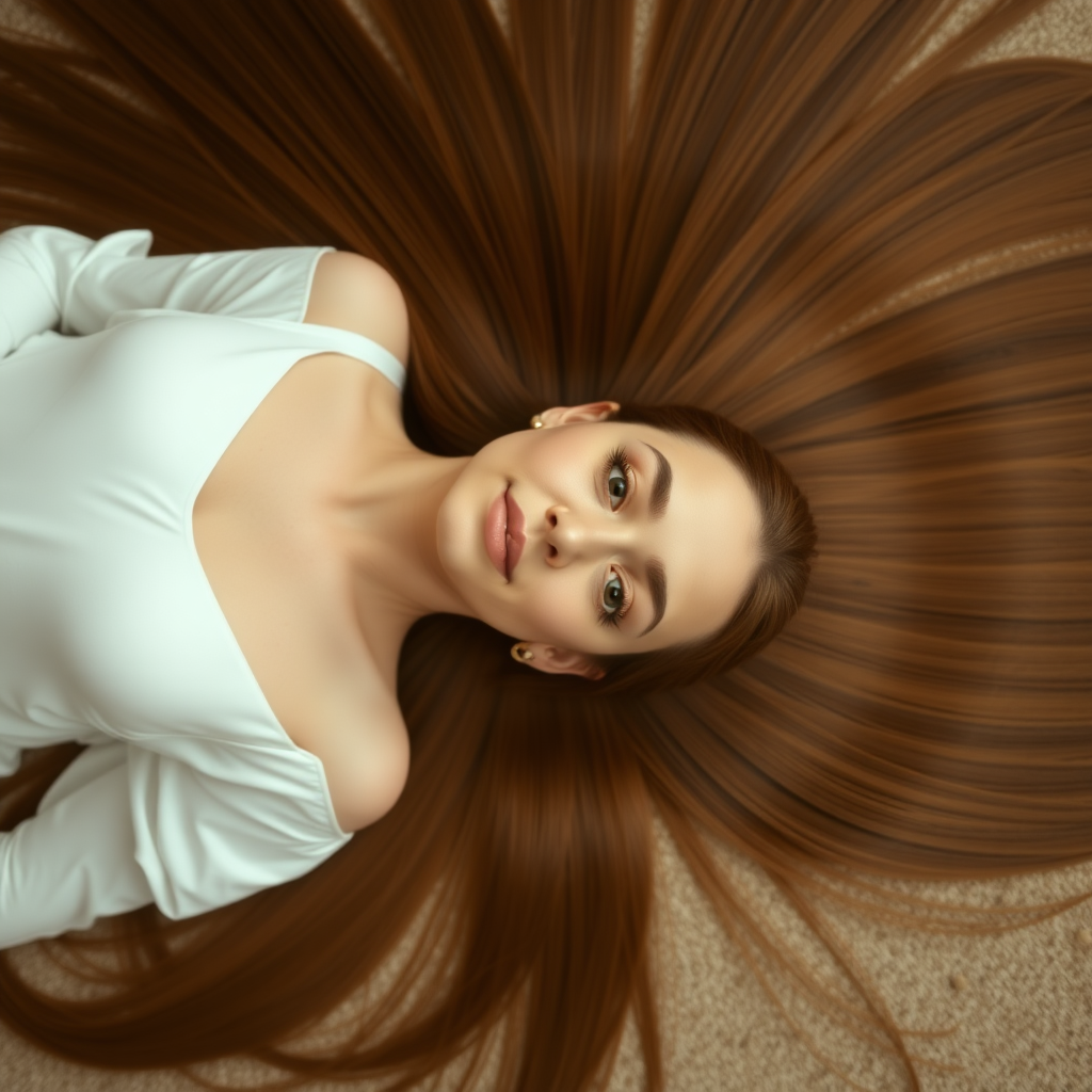 A beautiful woman laying on her back staring up at the camera. Her very long hair meticulously fanned out in a geometrically precise semicircle to display its length and beauty.