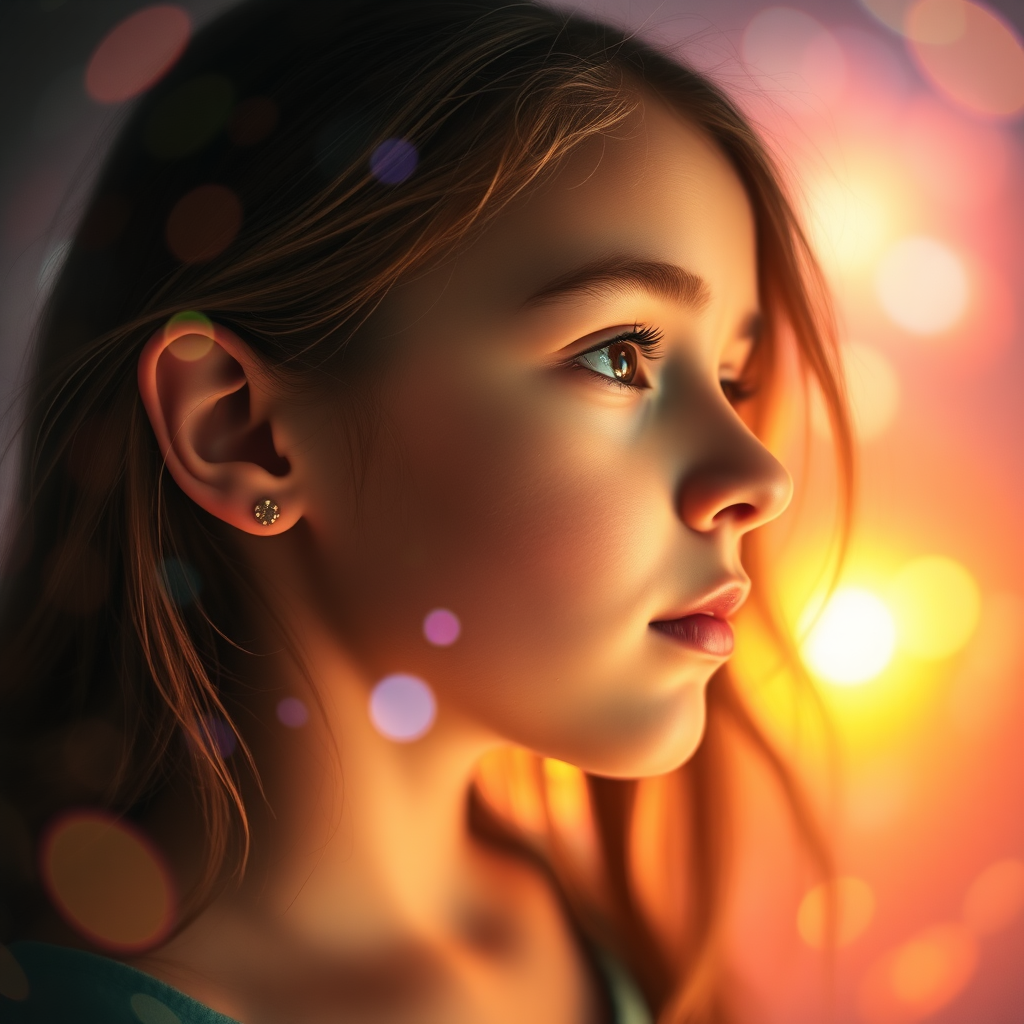 preteen girl in profile, dreamscape, nebula, Bokeh, abstract, brilliant colors, glittering, translucent, iridescent, natural skin, glowing, artistic photo, wide angle, cute, interesting, microscopy, airy, original, experimental, refraction