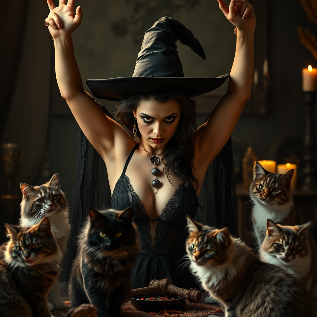 imagine: An elegant witch with a beautifully sinister face both arms up menacingly at the viewer intensely with one arm up high in the air. She's wearing diaphanous negligee. Cosplayed by a Romanian dancer. The scene is dramatically lit and filled with amazing details and the tools of the witchcraft trade. Several Siberian cats do her bidding.