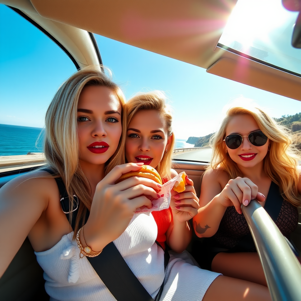 three pretty blonde women driving a 1968 vw beetle in the sun on a coast road with camera on her face and her face clearly visible. red lipstick and small facial tatoos. Eating a cheese burger