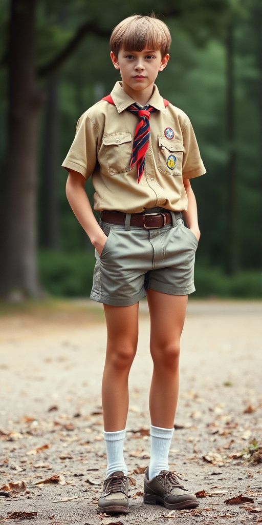 a tall 14yo teen boy, bob cut, wearing American boy scout uniform with uniform matching very tight booty shorts, tube socks, shoes, long legs, narrow thighs. full-length view. 1980s. 
photorealistic, ultra high resolution, 16K,
Negative: grainy, blurry, bad anatomy, extra limbs, watermark.