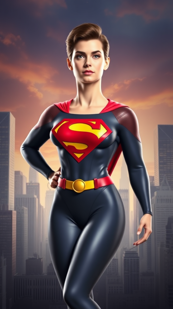 Full-length render: Superman's head, hairstyle, facial features atop Elastigirl's body shape. Classic Superman costume adapted to feminine form, preserving iconic elements. Background fuses Metropolis skyscrapers Incredibles' retro-futuristic cityscape. Dynamic pose showcasing strength, elasticity. Vibrant colors, dramatic lighting. Capture essence of both characters in this unique fusion. Emphasize fluid lines, heroic stance. Include subtle nods to both franchises in details. Maintain Superman's stoic expression, powerful presence while incorporating Elastigirl's flexibility, agility in posture and form.