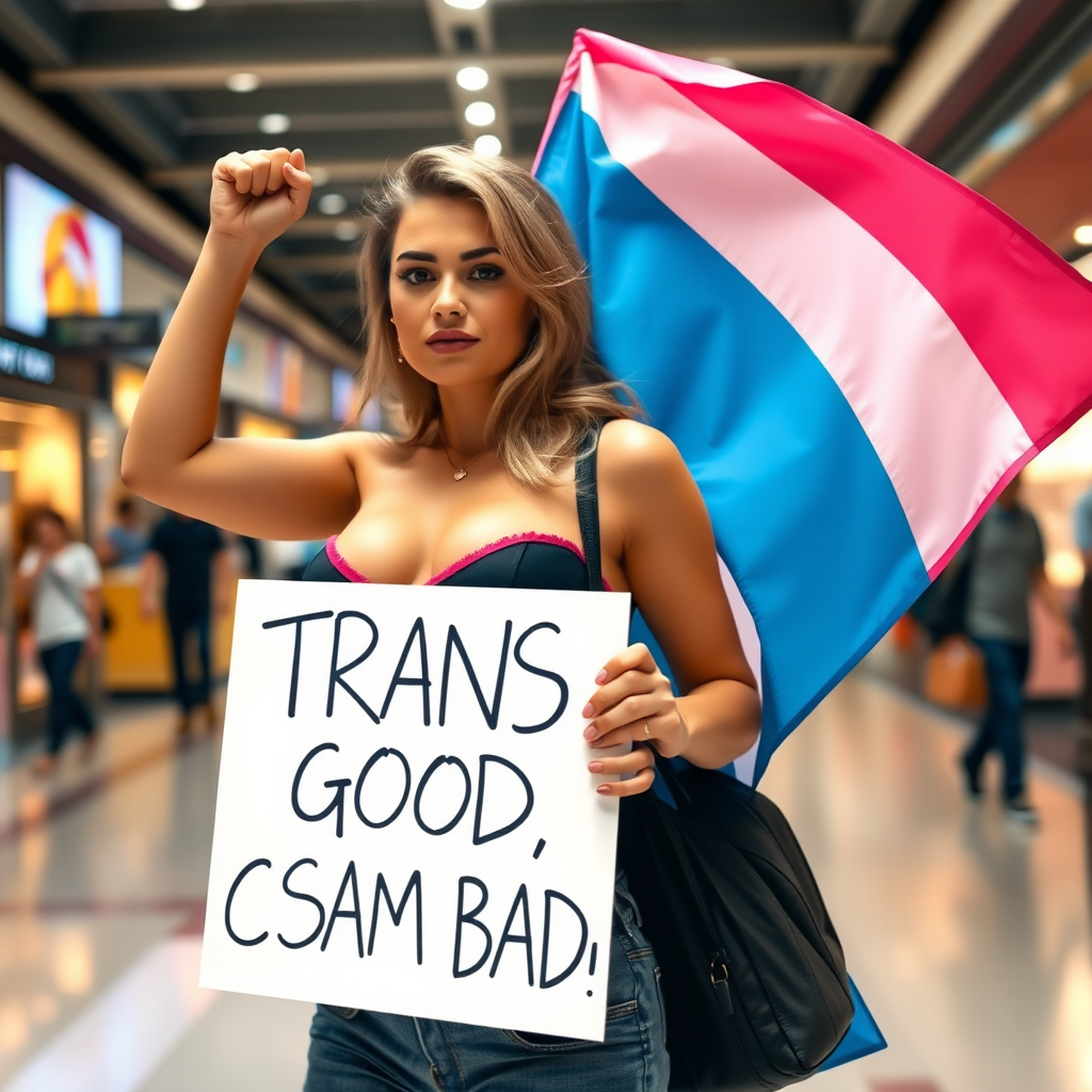 a busty transgender woman in the mall with the transgender pride flag raising her fist holding a sign that says "TRANS GOOD, CSAM BAD"